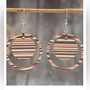 Bohemian Wood Colorful Art Pattern Striped Round Hoop Earrings